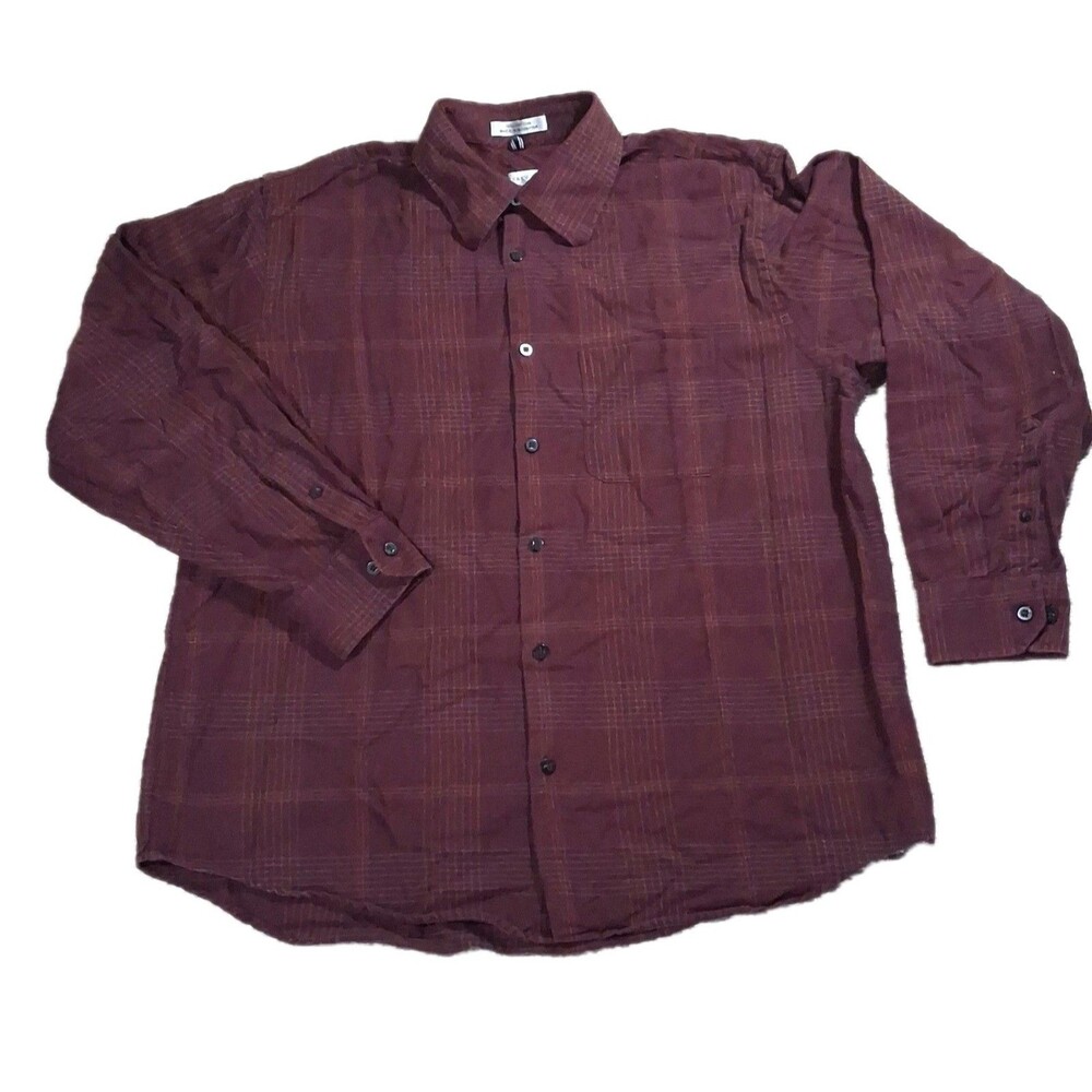 GEOFFREY BEENE MENS LARGE BURGUNDY MAROON PLAID LONG SLEEVE COTTON BUTTON SHIRT